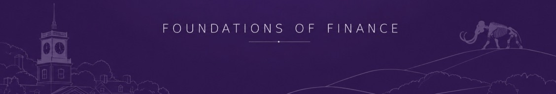 Foundations of Finance banner: line art of the Amherst College clock tower and rolling hills in white on deep purple, with a mammoth skeleton walking the ridgeline