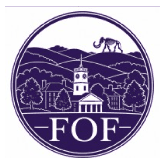 The Foundations of Finance seal: a circular purple emblem of the Amherst town clock tower among trees and hills, a mammoth skeleton on the ridgeline, and the letters FOF at the base